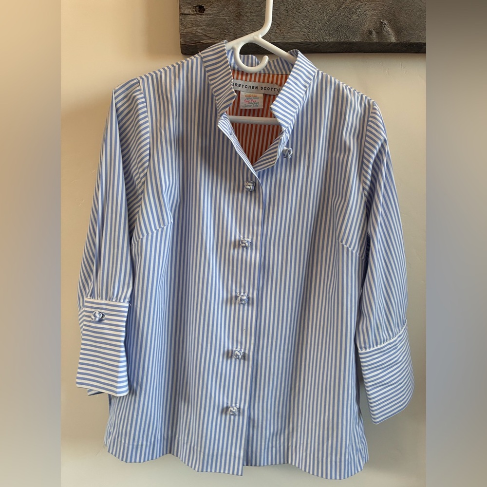 Blue and White Striped Button-Up Blouse